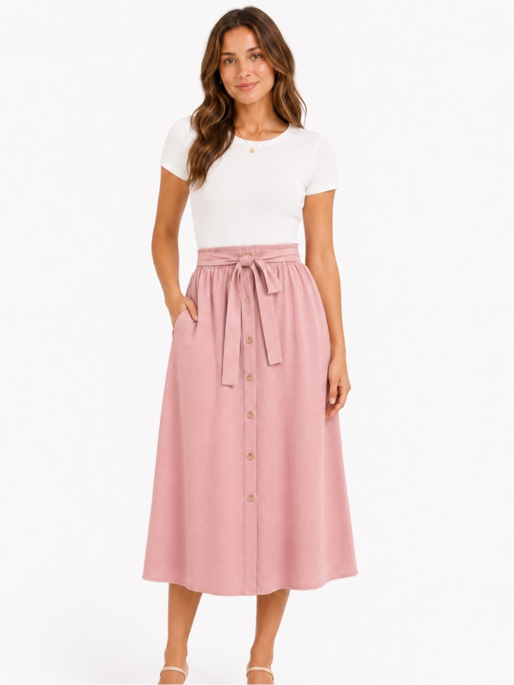 Button-Front Midi Skirt with Self-Tie Waist in Dusty Rose